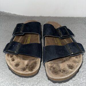 Birkenstock Arizona Shoes Womens Size 7 Navy Suede Sandals Two Strap Cork